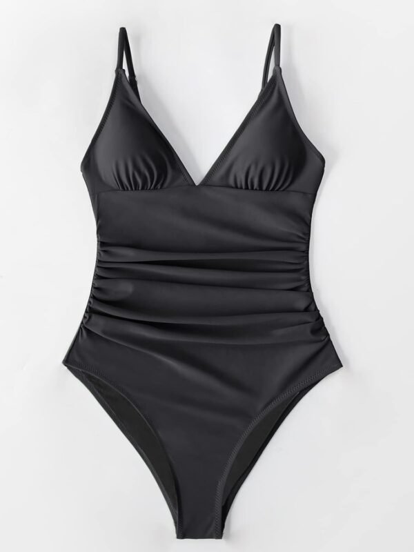 CUPSHE Maillot de Bain Une pièce pour Femme Col en V Profond Bretelles Spaghetti réglables Maillot de Bain froncé Devant Bas du Dos – Image 5