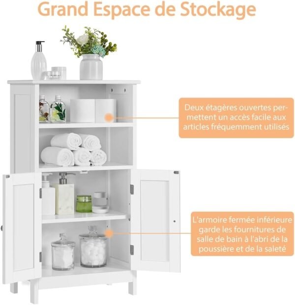 Yaheetech Meuble de Salle de Bain, Meuble de Rangement, 2 Étagères, Armoire Planche Réglable en Hauteur, Salon, Cuisine, Couloir, Profond 50 x 30 x 92,5 cm Blanc – Image 7