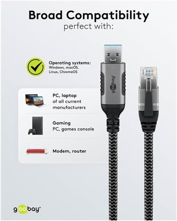 goobay 3m LAN-USB Câble 1 Gbit Transfert de données - USB A 3.0 vers RJ45 Ethernet Le câble CAT 6 connecte le routeur et l’ordinateur portable ou le PC - Remplace l’adaptateur USB vers LAN - 70499 – Image 6