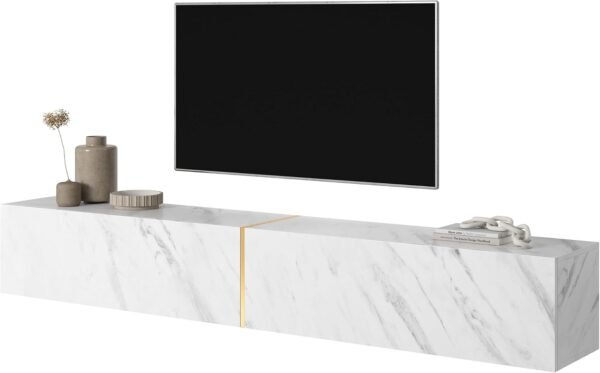 Selsey Meuble TV Armoire De Télévision 200 cm Suspendu Salle De Séjour Chambre À Coucher Marbre Blanc avec Insert Doré Bisira – Image 5