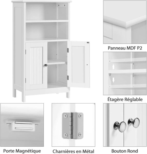 Yaheetech Meuble de Salle de Bain, Meuble de Rangement, 2 Étagères, Armoire Planche Réglable en Hauteur, Salon, Cuisine, Couloir, Profond 50 x 30 x 92,5 cm Blanc – Image 6