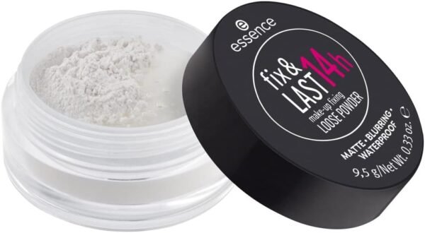 Essence fix & LAST 14h Make-up Loose POWDER Poudre transparente, fixante, durable, absorbant la brillance, mat, végétalien, imperméable, sans particules de microplastiques (9,5 g) – Image 2