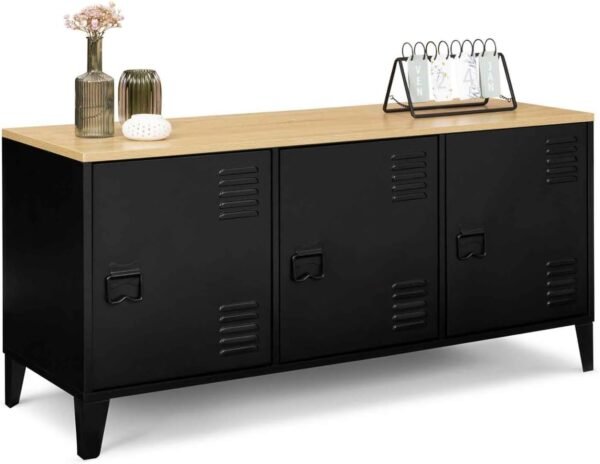 IDMarket - Buffet Bas 113 cm Ester 3 Portes métal Noir Plateau Bois Design Industriel