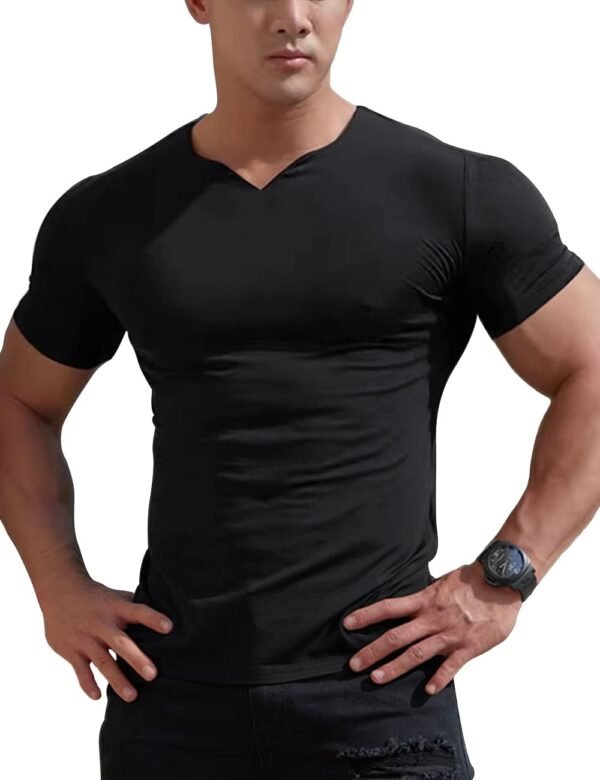 YCHSXAIZ T-Shirts athlétiques en Maille pour Hommes avec col en V Fendu pour la Musculation d'entraînement de Gym