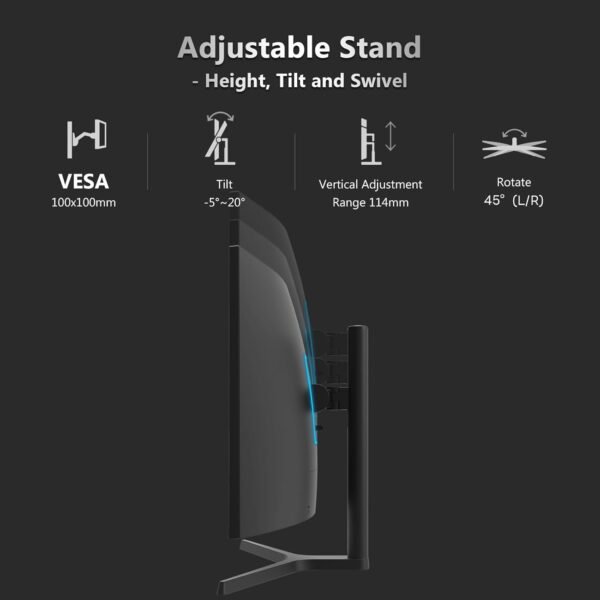 Z-Edge Écran PC Gamer Incurvé 34'', 3440x1440, 165Hz, 1ms, Hauteur & Inclination Réglable, Moniteur Ultrawide 21:9 avec DP Câble, FreeSync, 1500R VA, 2*HDMI2.0& 2*DP1.4, RGB, VESA 100 * 100mm – Image 7