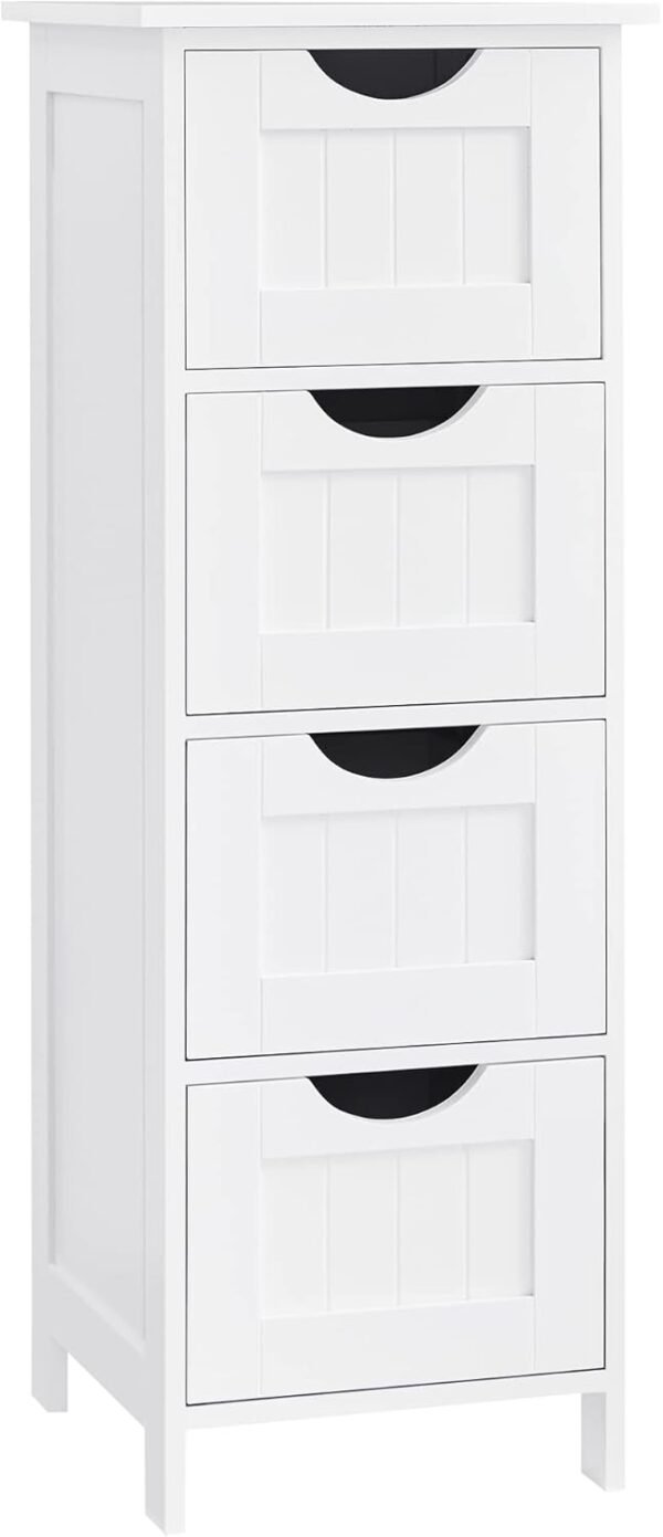 VASAGLE Meuble de Salle de Bain, Meuble de Rangement, Armoire sur Pied, avec 4 Tiroirs, 30 x 30 x 82 cm, pour Salle de Bain, Salon, Salle à Manger, Cuisine, Style Moderne, Blanc LHC40W