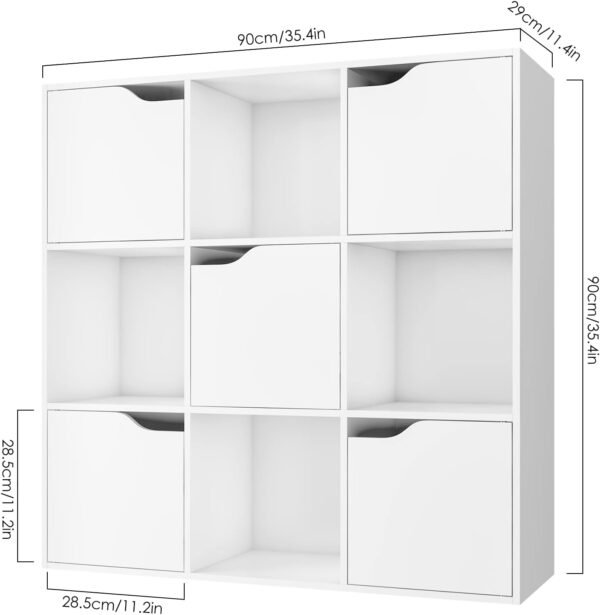 FirFurd Bibliothèque Blanc avec 9 Compartiments Étagère avec 5 Portes Meuble de Rangement en Bois Bibliotheque 3 Niveaux pour Salon Chambre 90x29x90cm – Image 3