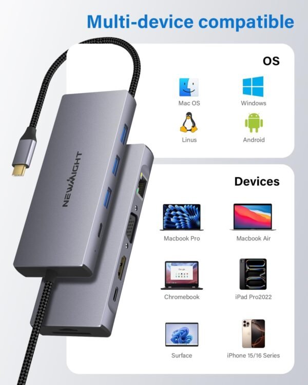 Station d'accueil USB C, adaptateur multiport Newmight 10 en 1 avec 4K @ 30 Hz, Ethernet 1 Gbit/s, VGA, 3 USB 3.0, USB-C 3.0, port de charge PD 100 W, SD/TF pour Dell, HP, MacBook Pro Air, iPhone – Image 8