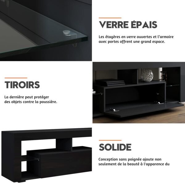 SIRHONA Meuble TV LED Noir, Banc TV 140x35x50.5cm, Éclairage LED RGB avec Couleur réglable, Capacité de Charge 40 kg, Convient pour Salon ou Chambre – Image 4