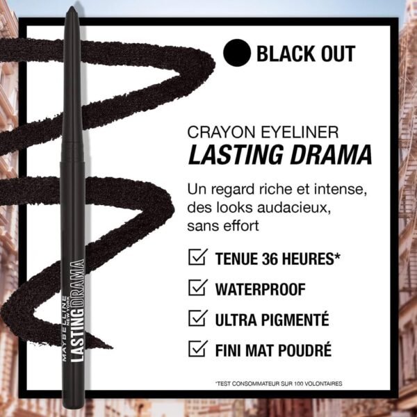 MAYBELLINE NEW YORK - Lasting Drama - Crayon Eyeliner Waterproof - Regard Souligné & Intense - Fini Mat Poudré - Tenue 36H* - Pointe Crayon Automatique - Formule Ultra Pigmentée - Black Out Drama – Image 2