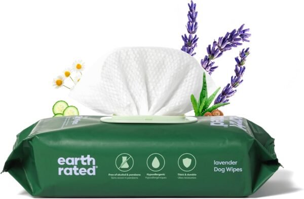 Earth Rated Lingettes hypoallergéniques pour Chiens, nettoyantes et Anti-odeurs, pour Pattes, Corps et arrière-Train, parfaites pour Chiots et Chiens Adultes, Parfum Lavande, 100 lingettes