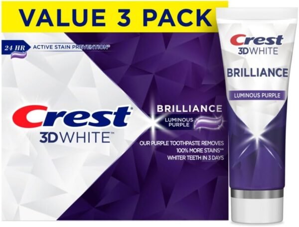 Crest 3D Whitening Lot de 3 dentifrices blanchissants blancs Brilliance Luminous Purple 142 g - Fluor anti-caries - Combat 100 % plus de taches de surface - Prévention des taches de surface
