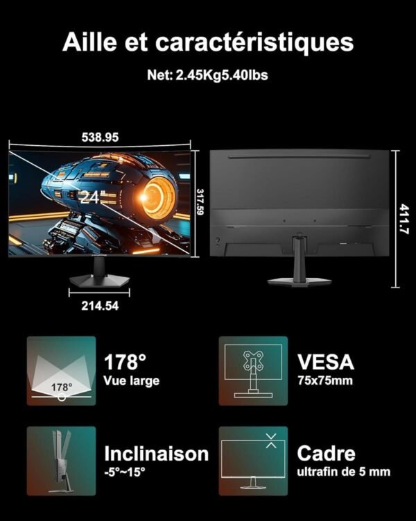 Minifire écran pc Gamer incurvé 24 Pouces 100Hz avec Haut-Parleur -1500R FHD (1920 x 1080p) VA Panel, MPRT 1ms, sRGB100%, Less Blue Light, HDMI 1.4, Type-C 2.5W, supporte VESA 75 * 75 - Noir（MF24C1） – Image 6