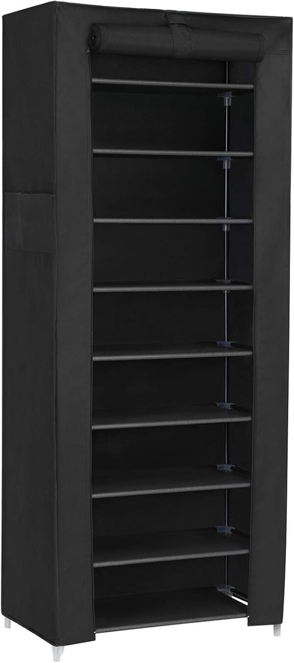 SONGMICS Étagère à Chaussures en Tissu à 10 Niveaux, Meuble de Rangement 28 x 58 x 160 cm, avec Housse de Protection, Chaussures de Sport, Talons Hauts, Pantoufles, Cadre en Métal, Noir RXJ10H