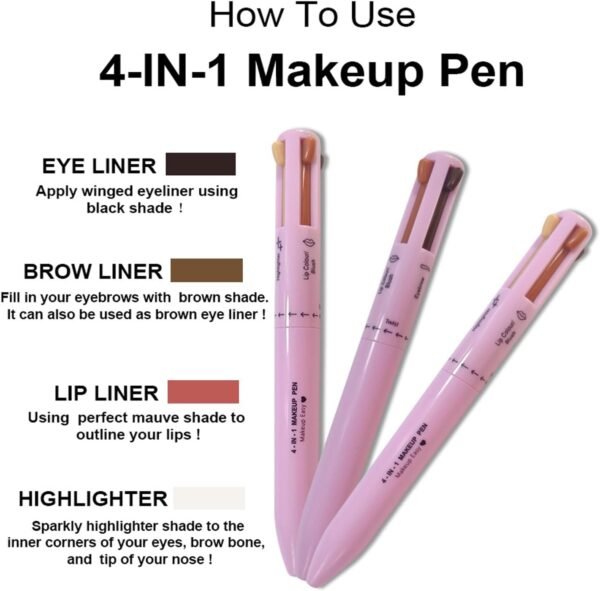 iLamvie Stylo De Maquillage 4-En-1: Eye-Liner, Crayon À Sourcils, À Lèvres, Surligneur - Tout-En-Un Étanche Pour Les Yeux, 4 Couleurs Longue Durée (Pink) – Image 3