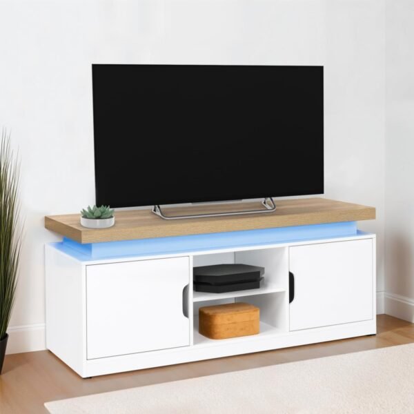 IDMarket - Meuble TV 110 cm 2 Portes Luna à LEDs Blanc et Plateau Effet Bois – Image 2