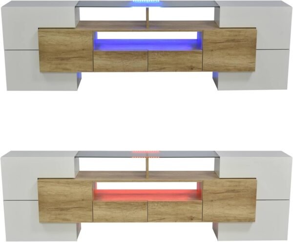 Sweiko Meuble TV bas avec éclairage LED, commode avec beaucoup d'espace de rangement, forme unique avec surfaces en verre, design moderne (blanc brillant et couleur bois) – Image 6
