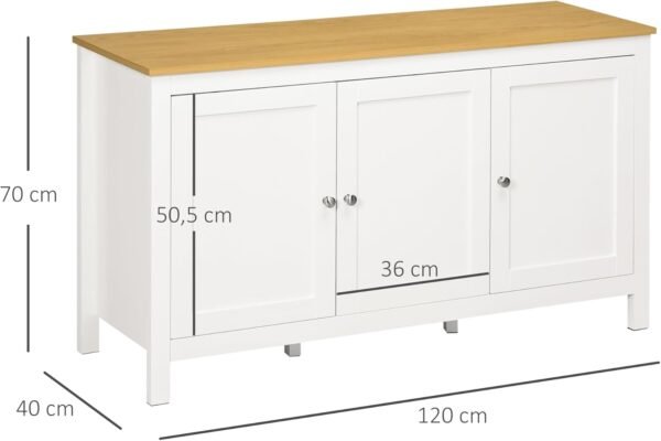 HOMCOM Buffet Meuble de Rangement avec 3 Portes 2 étagères réglables Plateau Aspect Bois Clair - 120 x 40 x 70 cm Blanc – Image 3