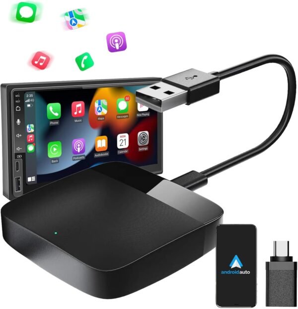 MEETOWN Adaptateur sans Fil pour Android Auto, Transforme Android Auto Filaire en sans Fil, Plug and Play avec USB-A & USB-C, Compatible avec Android 10+