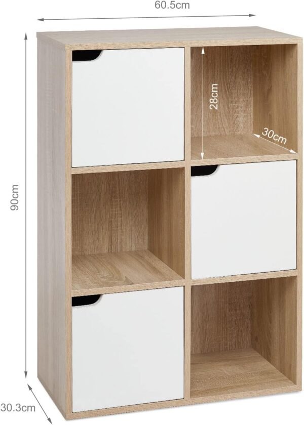 Mondeer Étagère de Rangement, Bibliothèque avec 6 Cubes Moderne en Bois Inclus 3 Portes et 3 Ouvertes, pour Salon ou Bureau, 60 D x 30 W x 90 H cm, Blanc et Chêne – Image 3