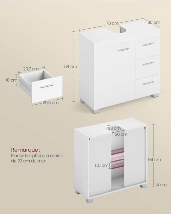VASAGLE Meuble sous Lavabo, Meuble de Salle de Bain, 3 Tiroirs Latéraux, 2 Compartiments Derrière la Porte, avec Pieds, 30 x 70 x 64 cm, Blanc Nuage BBK503W10 – Image 3