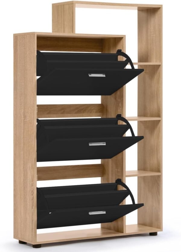 IDMarket - Meuble à chaussures 18 paires KLARK imitation hêtre 3 portes noires avec étagère – Image 4
