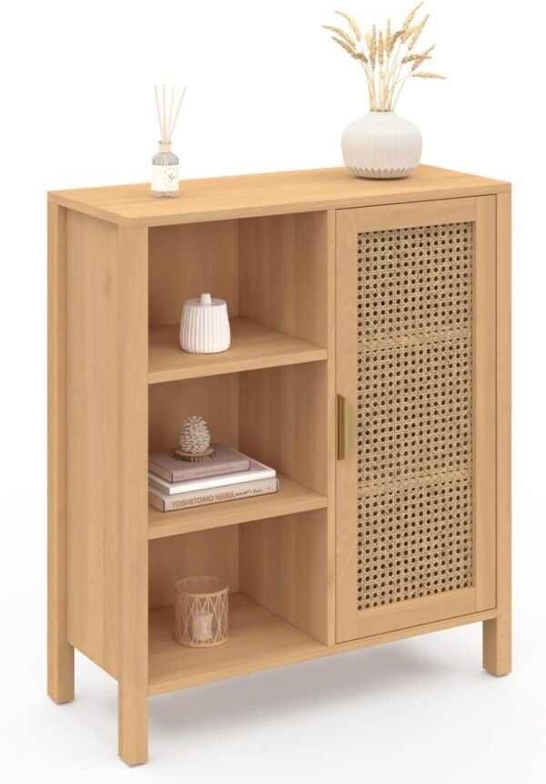 IDMarket - Buffet d'appoint 3 étagères et Placard 70 cm EDHEN Bois et cannage