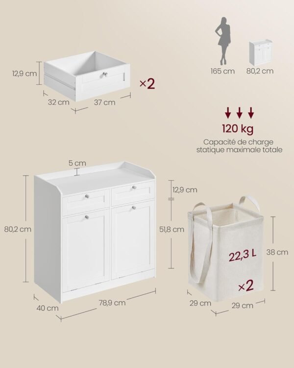 VASAGLE Meuble de Salle de Bain, Panier à Linge, Placard de Rangement, avec Sac Intérieur Amovible avec Poignées, 2 Tiroirs et 2 Paniers à Linge, 40 x 78,9 x 80,2 cm, Blanc Nuage BBC751W01 – Image 3
