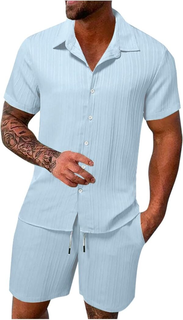 FZKun Tenues Estivales 2 Pièces Pour Hommes Pour Les Vacances - Chemises Cubaines à Manches Courtes En Coton Et Lin à Boutons Pour La Plage Hawaïenne Et Shorts Assorti De Survêtement