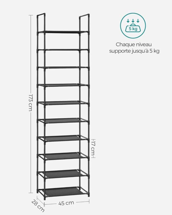 SONGMICS Étagère à Chaussures, 10 Niveaux, Rangement de Chaussures, étroit, 28 x 45 x 173 cm, Structure en métal, étagères en Tissu Non tissé, pour Couloir, Chambre à Coucher, Noir LSH010B02 – Image 3