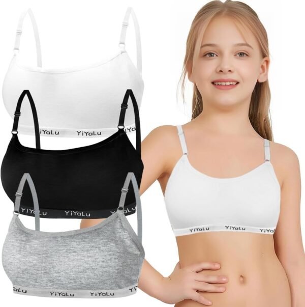 Bysion Lot de 3 Soutien-Gorge d'entraînement sans Couture pour Filles avec Réglable Haut à Bretelles et Coussinets Amovible pour 10 à 14 Ans