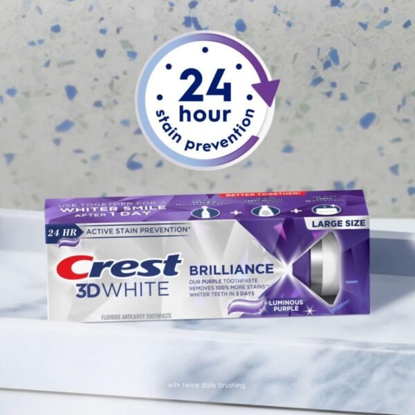 Crest 3D Whitening Lot de 3 dentifrices blanchissants blancs Brilliance Luminous Purple 142 g - Fluor anti-caries - Combat 100 % plus de taches de surface - Prévention des taches de surface – Image 6