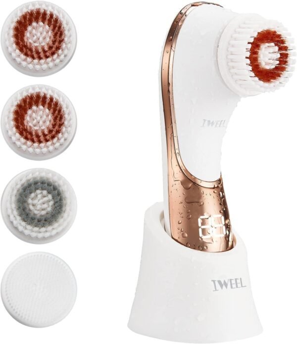 Brosse électrique pour le visage rechargeable IPX-7 étanche rotative pour exfolier, masser et nettoyer en profondeur avec 4 têtes de brosse