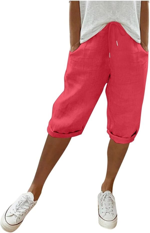 Short longueur genou pour femme Taille élastique Pantalon d'été décontracté Solide et léger Short court long avec poches Tenue Sport Femme Vetement Femme Chic