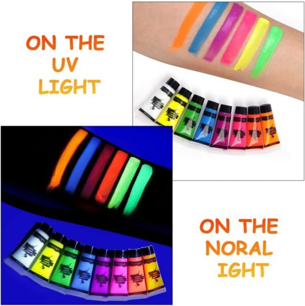 AOOWU Peinture Visage Corps Kit 19PCS, Peinture Corporelle, 8 * 10 ml UV Glow tubes de peinture fluorescente pour le visage et le corps, Halloween Noël Maquillage Fluo – Image 5