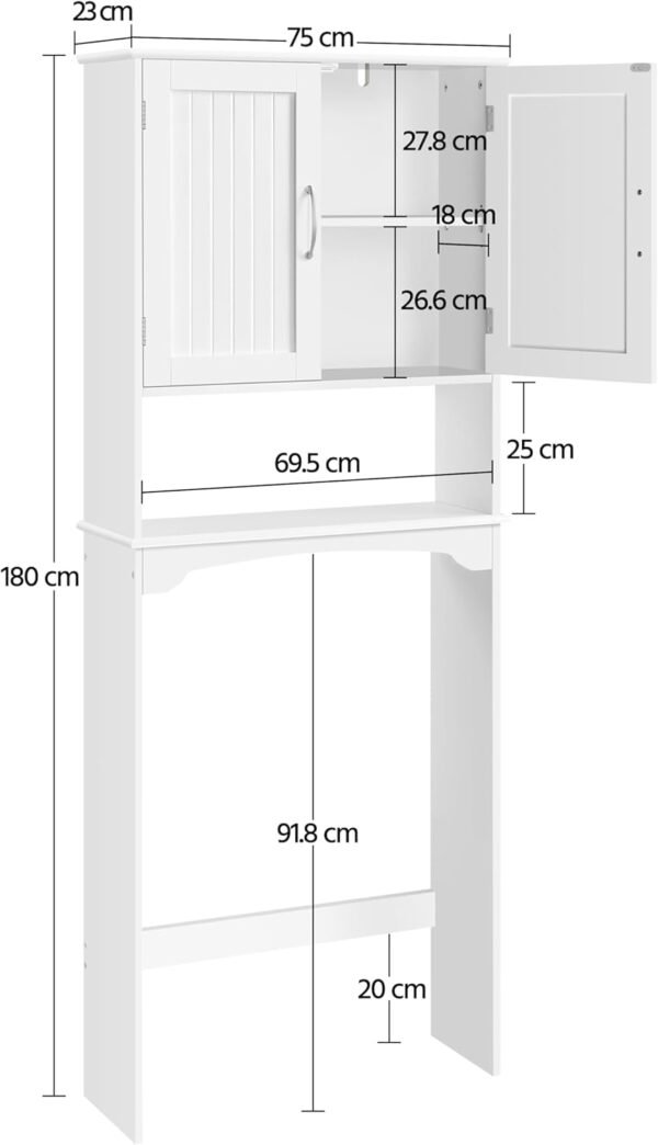 Yaheetech Meuble WC Dessus de Toilette/Machine à Laver, 75 x 23 x 180 cm, Armoire de Rangement de Salle de Bain avec 2 Étagères Réglables et 1 Compartiment Ouvert, Meuble Colonne sur Pied Blanc – Image 3