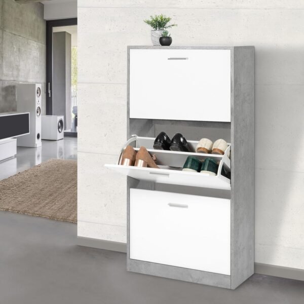 IDMarket - Meuble à chaussures 18 paires KLARK effet béton 3 portes blanches – Image 2