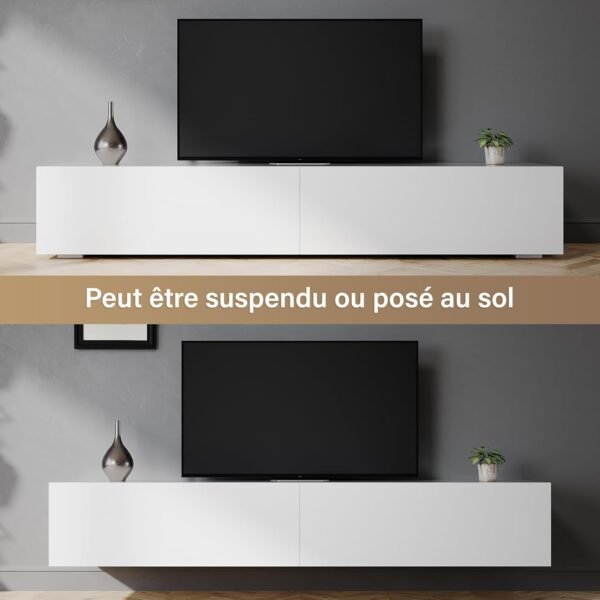 SIRHONA Meuble TV Blanc, Meuble Tele Peut être Suspendu ou Posé au Sol, 2 Placards avec Portes, Super Espace de Rangement, 180x40x30cm, Convient pour Salon ou Chambre – Image 2