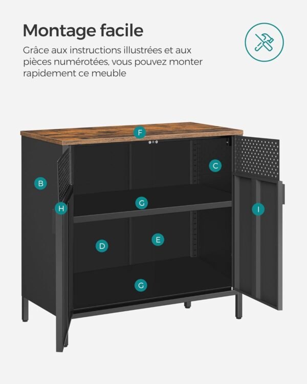 SONGMICS Meuble de Rangement, Buffet, en Métal, Double Porte, Fermeture Magnétique, Cadre en Acier, 40 x 80 x 76 cm, Marron Rustique et Noir LSC102B01 – Image 8