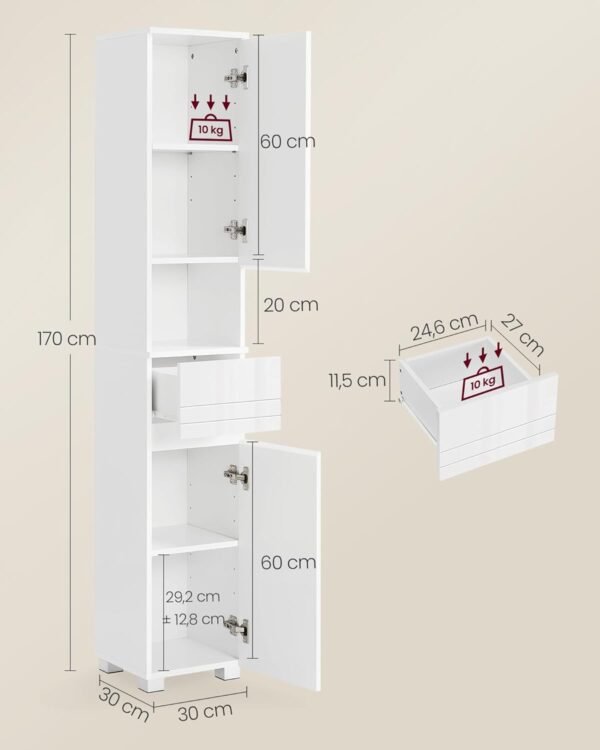 VASAGLE Armoire de Salle de Bain, Meuble de Rangement, Colonne, avec Tiroir, Étagères Réglables, Compartiments, 30 x 30 x 170 cm, Blanc BBC560P31 – Image 3