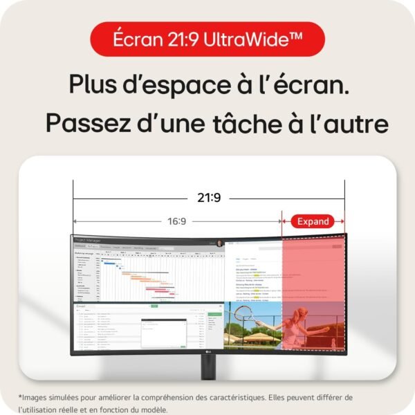 LG UltraWide™ 34WR50QK-B Ecran PC Ultra Large 34" - Dalle VA résolution QHD (3440 x 1440), 5ms GtG 100Hz, HDR 10, sRGB 90% (CIE1931), inclinable, Mode Portrait – Image 3
