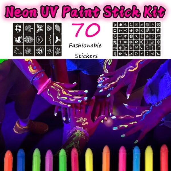 HISUNBEN Peinture Fluorescents UV Comprend 70 Modèles,Maquillage Enfant 12 Crayons De Peinture UV Néon Pour Le Visage Et Le Corps, Lavables Non Toxiques,Enfants et Adultes pour Halloween,Carnaval,Noël – Image 3