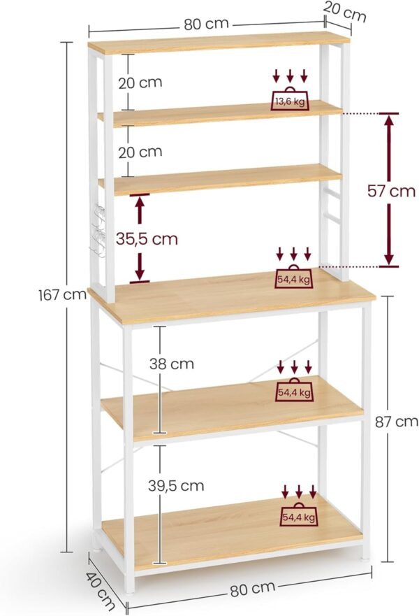 VASAGLE Étagère de Cuisine, Étagère pour Machine à Café, 6 Étagères et 6 Crochets, pour Four à Micro-Ondes, Cadre en Acier, Style Industriel, 40 x 80 x 167 cm, Couleur Chêne et Blanc KKS019W09 – Image 2