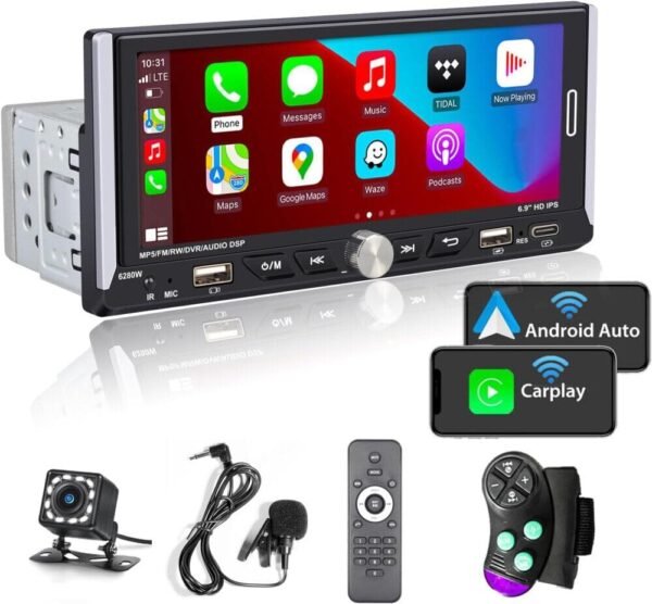 Hikity 1 Din Autoradio Wireless Carplay Android Auto Écran Tactile 6,9 Pouces Bluetooth Mains Libres Radio Voiture Single DIN avec Lien Miroir SWC FM EQ USB/AUX/Type-C, Caméra