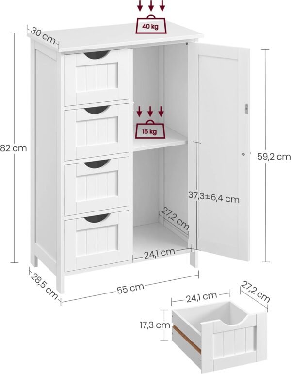 VASAGLE Meuble Salle de Bain Rangement, Armoire Gain de Place, Commode, avec 4 Tiroirs, Placard avec Porte, Étagère Réglable, 30 x 55 x 82 cm, Blanc Nuage LHC41W – Image 3