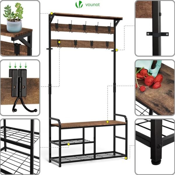 vounot® Porte Manteau pour Entrée 4 en 1 avec Banc et Étagère à Chaussures 3 Niveaux avec 9 Crochets Amovibles Meuble d’Entrée 185x85x33cm Cadre en Acier Robuste Système Anti-basculement – Image 5