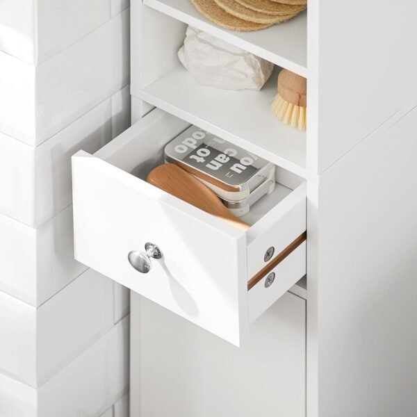 SoBuy Meuble Colonne Salle de Bain Étroite Anti-Humidité, Meuble de Rangement Vertical avec 4 Étagères Réglables + 1 Tiroir, Multifonction pour Salon,Chambre,Bureau, Blanc, 20x20x180cm, BZR34-W – Image 7