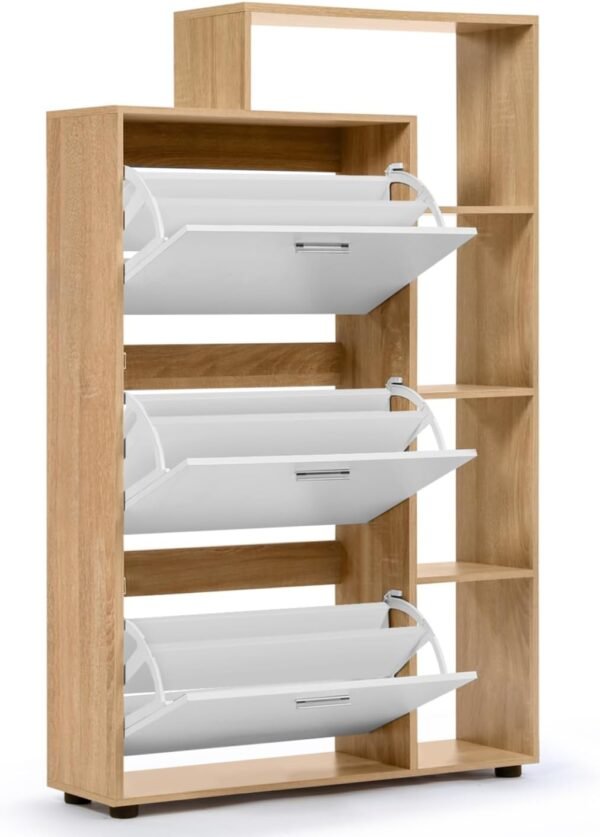 IDMarket - Meuble à chaussures 18 paires KLARK imitation hêtre 3 portes blanches avec étagère – Image 4