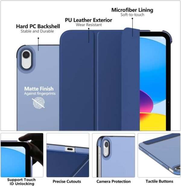 MoKo Coque pour iPad (A16) 11ème Génération 11 Pouces en 2025, iPad 10ème Génération 10,9'' en 2022, Étui Mince en PC Translucide pour iPad 11ème Gén, avec Touch ID, Réveil/Sommeil Auto, Marine Bleu – Image 3