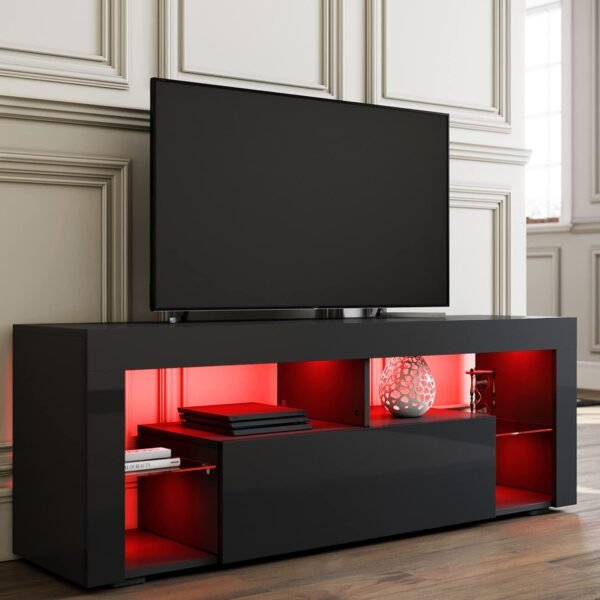SIRHONA Meuble TV LED Noir, Banc TV 140x35x50.5cm, Éclairage LED RGB avec Couleur réglable, Capacité de Charge 40 kg, Convient pour Salon ou Chambre
